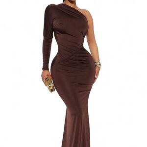 Elegant Brown One-Shoulder Dress